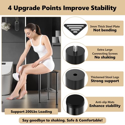 Corner Shower Foot Stool for Shaving Legs, Rust-Proof Non-Slip with Storage | Black Light Metal Shower Foot Rest Bench, Waterproof Double Layer Bathroom Small Step Stools, Spa Foot Step for Inside Shower