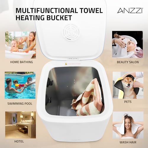 ANZZI 23L Luxury Bucket Towel Warmer – Large Capacity, LED Display, Adjustable Timer, Flip-Top Lid, Child Safe, Auto Shut-Off | TW-AZ028WHB