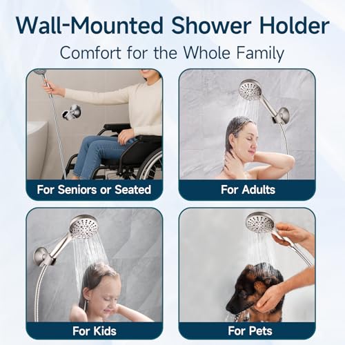 BRIGHT SHOWERS Strong Adhesive Shower Head Holder with Dual Angle Adjustable, Wall Mounted Handheld Shower Bracket, Easy Installation, Screw Mounting Options, Brushed Nickel - color: Brushed Nickel, style: Adhesive & Screw - 2 Angles