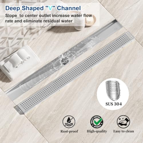 Neodrain 30" Linear Shower Drain, Polished 304 SS Bathroom Linear Drain | Polished Shower Drain with Quadrato Grate& Adjustable Feet, Long Rectangle Shower Floor Drain in Bathroom, Balcony etc, cUPC - color: Polished, size: 30 In