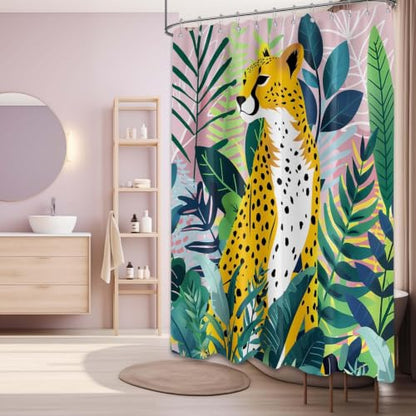 Tropical Leopard Extra Long Shower Curtain, Tall 72x84 in | Tall 84 inch XL, Floor to Ceiling, Pink and Green Natural Leaves Pattern, Waterproof Polyester Fabric, with Metal Hooks - color: Cheetah, size: 70"W x 84"L (Pack of 1)