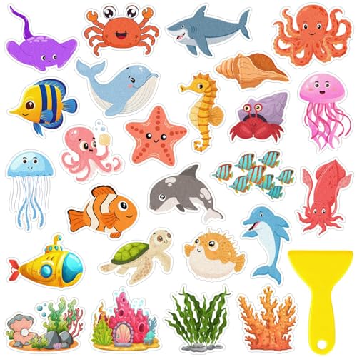 26Pcs Non Slip Bathtub Stickers, Cute Ocean Creature Stickers with Scraper | Anti Slip Bath Tub Shower Decal with Adhesive Back for Bathroom, Shower Stairs - color: Ocean Creature, size: 26Pcs