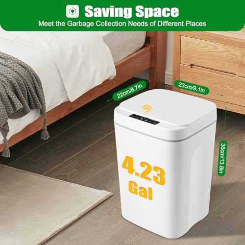 Kitchen Trash Can, 16L Automatic Trash Cans Built-in LED Lighting & Trash Bag Box Automatic Motion Sensor Bathroom Trash Can with One-Touch Auto Bagging & Odor Sealing for Kitchen Bedroom Office