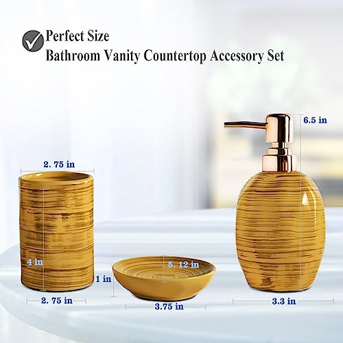 Bathroom Accessories Set, 3 Pcs Marble Look Bath Set Soap Dispenser & Toothbrush Holder Set, Counter Top Restroom Apartment Decor Stuff, Ceramic Kits, Unique Gift, Yellow - size: Mustard