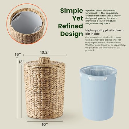 Tidita Wicker Waste Basket with Lid, 4 Gallon Water Hyacinth Trash Can | Iron Frame, Removable Liner, Handwoven Design, Space-Saving, No Assembly, Boho Style, Multi-Purpose Storage, Bedroom & Office - color: Natural, size: 4 Gallons