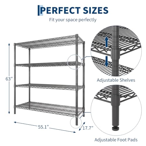 Garvee 2600LBS 4-Tier Storage Shelves Heavy Duty, Adjustable Metal Shelving | 55.1"Wx17.7"Dx63"H, Carbon steel wire shelving rack, free standing, tool-free assembly, for garage basement pantry, black - size: 55"Wx17.7"Dx63"H(4-Tiers)