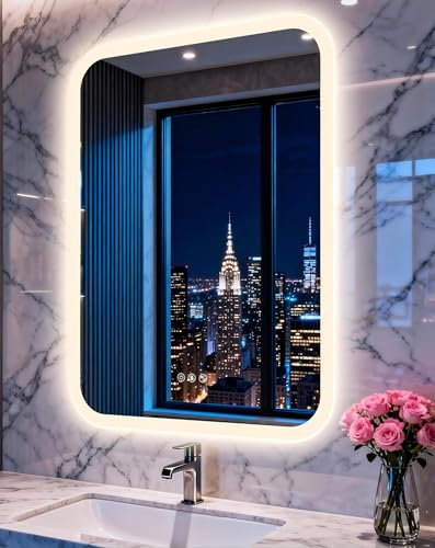 LUVODI Rectangular LED Bathroom Mirror: Smart Vanity Mirror 35.4x27.6 inch | Bluetooth Speakers Front-Lit Defogger Stepless Dimming 3 Color Lights Adjustable for Luxury Home Mirrored Decor Wall-Mounted - color: Rectangular-silver, size: 35.4"L x 27.6"W