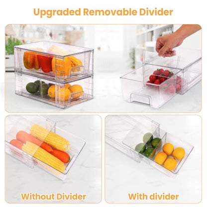 6 Pack Stackable Storage Drawers,Plastic Organizers Bins, Drawers Storage with Handles and Movable Dividers for Organization and Storage in Fridge,Bathroom, Pantry, Kitchen Cabinets, Under Sink - size: 6Pack 4.4"H-with Dividers