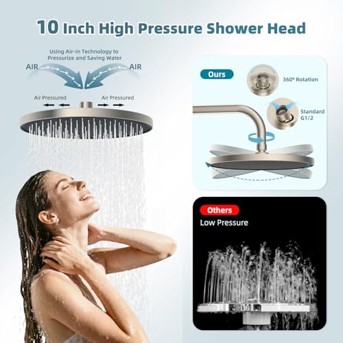 Hibbent 10'' Rain Shower Head Combo with 3 Handheld Sprays, Brushed Nickel | cUPC Certified Self-cleaning High Pressure Shower Head, All Metal Extension Arm, Easy Reach 4-way Diverter, 71" Hose & Holder - color: Brushed Nickel