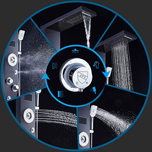 ELLO&ALLO LED Rainfall Waterfall Shower Head Rain Massage System with Body Jets Stainless Steel Bathroom Shower Panel Tower System, Brushed Black