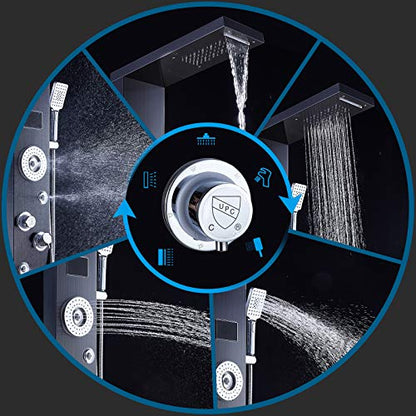 ELLO&ALLO LED Rainfall Waterfall Shower Head Rain Massage System with Body Jets Stainless Steel Bathroom Shower Panel Tower System, Brushed Black