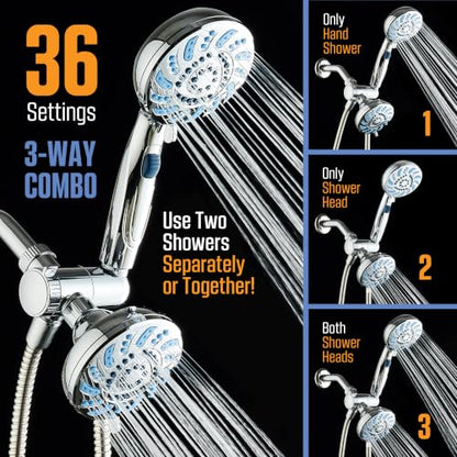 AquaCare 2026 High Pressure Dual Handheld Shower Head Combo w/Pause Switch | Detachable Showerhead Wand, Stay-Clean Jets, Extra-long 6 ft. Stainless Steel Hose, Dual Wall & Overhead Brackets / Chrome - color: Chrome