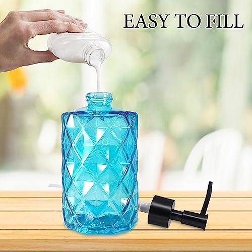 Clear Ocean Blue Glass Soap Dispenser with Plastic Pump, 2 Pack 12oz Diamond Design Bathroom Soap Dispenser for Hand Wash, Lotion Dispenser & Dish Soap Dispenser for Kitchen and Bathroom - color: Diamond Blue