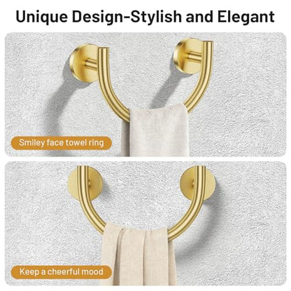 Brushed Gold Smiley Face Towel Ring Bathroom Hand Towel Holder Stainless Steel Wall-Mounted Bathroom Hardware Accessories Towel Rack - color: Brushed Gold