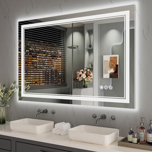 40x32 Inch LED Bathroom Mirror with Lights | Front and Backlit, 3 Colors, Dimmable, Memory, Anti Fog, Shatterproof, Horizontal/Vertical, Lighted Mirrors for Bathroom Wall - color: Dual Lights, size: 40"L x 32"W