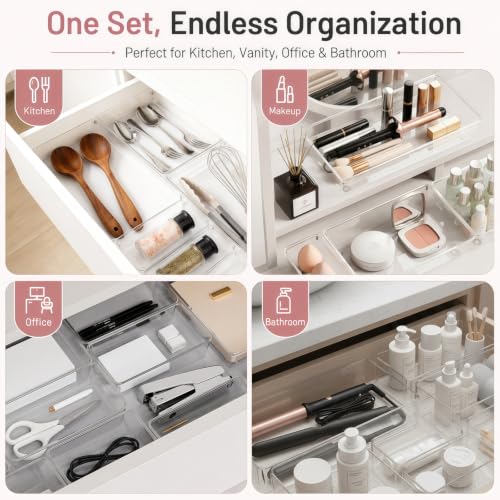 10 Pack Large Drawer Organizer Bins - Clear Plastic Bathroom Drawer Organizer Trays - Heavy Duty Kitchen Drawer Dividers for Utensils - Non-Slip Storage Bins for Makeup, Bedroom, Office Desk - size: 10 Pack