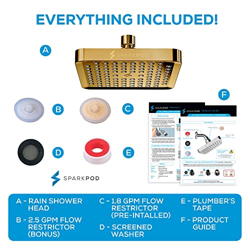 SparkPod Rain Shower Head, 6 Inch Square, Egyptian Gold Finish | High Pressure Shower Heads, 90 Nozzles, Adjustable Showerhead, No Tools Needed, Universal Connection - color: Egyptian Gold, style: 6 Inch Square