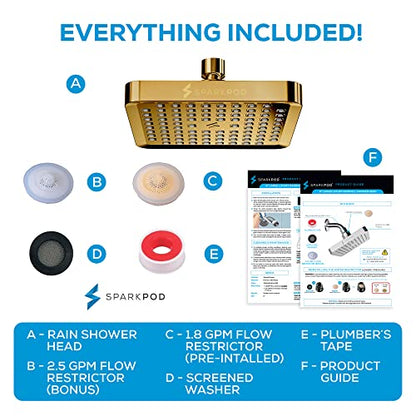 SparkPod Rain Shower Head, 6 Inch Square, Egyptian Gold Finish | High Pressure Shower Heads, 90 Nozzles, Adjustable Showerhead, No Tools Needed, Universal Connection - color: Egyptian Gold, style: 6 Inch Square