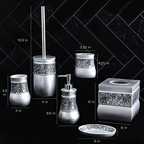 Creative Scents Crackled Glass 6 Pc. Silver Resin Bathroom Accessories Set | Includes Toilet Brush and Holder, Tissue Box Cover, Soap Dispenser, Toothbrush Holder, Tumbler Cup & Soap Dish - style: 6 Pc Set 02