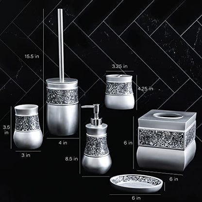 Creative Scents Crackled Glass 6 Pc. Silver Resin Bathroom Accessories Set | Includes Toilet Brush and Holder, Tissue Box Cover, Soap Dispenser, Toothbrush Holder, Tumbler Cup & Soap Dish - style: 6 Pc Set 02