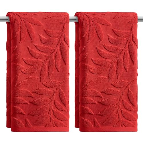 Artoid Mode 2 Pcs Red 3D Leaves Jacquard Hand Towels for Bathroom, 100% Cotton Soft Absorbent Bathroom Decor Towels, 13.7 x 29.5 Inch - color: Red, size: 13.7" x 29.5", 2PCS