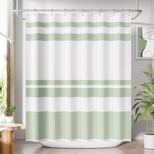 AmazerBath Shower Curtain, Washable Cloth Sage Green with 12 Shower Curtain Hooks, Fabric Green and White Striped Set, Farmhouse Bathroom Shower Curtain, 72x72 Inches - color: A- Sage Green Stripe +12 Metal Hooks, size: 72"W x 72"L (Pack of 1)