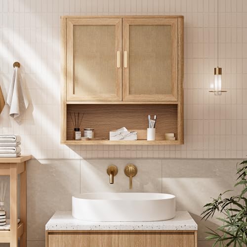 Rattan Bathroom Wall Cabinet with Open Compartments, Wall-Mounted Medicine Cabinet with Adjustable Wood Shelf & Doors, Over the Toilet Storage Cabinet for Laundry Room & Kitchen & Living Room - color: Oak Wood