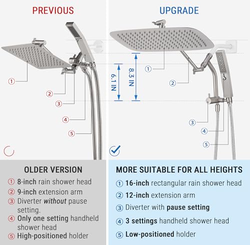 G-Promise 16 Inch All Metal Rain Shower Head with Handheld (Brushed Nickel) | Suits Every Height, Pause Mode Diverter, Massage Mode Handheld, Full Body Coverage, Easy to Install, Modern Bath Upgrade - color: Brushed Nickel, size: 16 Inch