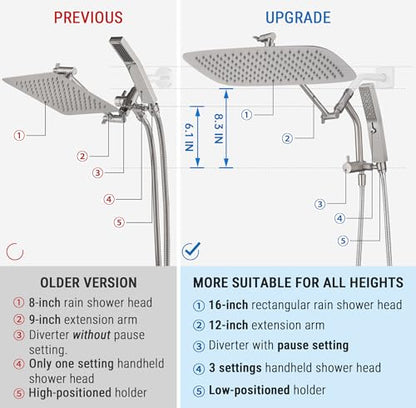G-Promise 16 Inch All Metal Rain Shower Head with Handheld (Brushed Nickel) | Suits Every Height, Pause Mode Diverter, Massage Mode Handheld, Full Body Coverage, Easy to Install, Modern Bath Upgrade - color: Brushed Nickel, size: 16 Inch