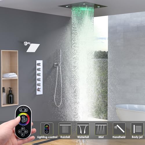 Enga Luxury Dual Shower Head System LED Thermostatic Shower System with 6 inch Wall Shower, 20-Inch 3 Function Shower Head (Rainfall & Mist & Waterfall), Chrome - color: Chrome, style: 20" Head (Rain + Mist+Waterfall) - 6" Head
