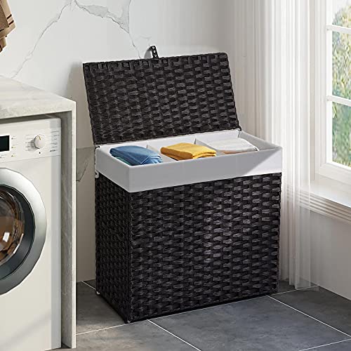 Greenstell Laundry Hamper with Lid, 125L Large Clothes Hamper with 3 Section & 2 Section Removable Liner Bags & 5 Mesh Laundry Bags, Handwoven Synthetic Rattan Divided Laundry Basket, Black - color: Black