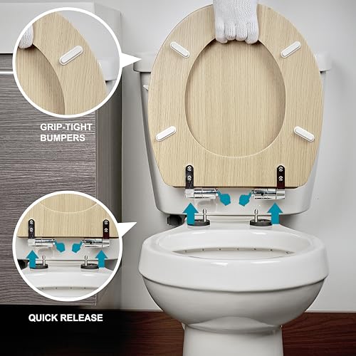 Toilet Seat, Slow Close, Premium Moulded Wood, Quick Release, Nordic Light Oak Look, PIKLiDS, Laminated Woodgrain Finish (Round) - size: Round