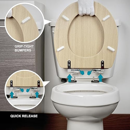 Toilet Seat, Slow Close, Premium Moulded Wood, Quick Release, Nordic Light Oak Look, PIKLiDS, Laminated Woodgrain Finish (Round) - size: Round