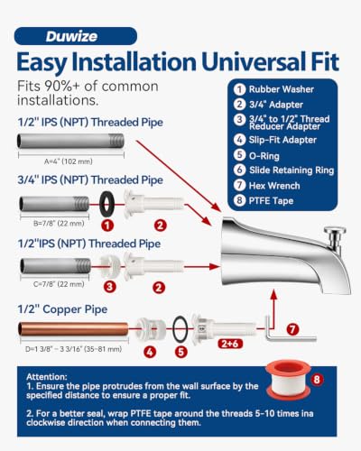 Universal Bathtub Faucet with Diverter, Tub Spout Replacement Fits 1/2" Slip-on Copper Pipe and 1/2" & 3/4" IPS Threaded, Bathroom Tub Faucet Set with Adapters and Hex Wrench (Chrome) - color: Chrome