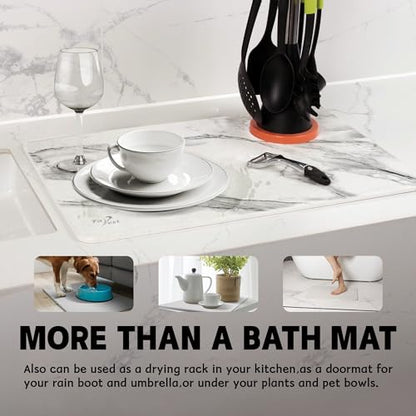 Stone Bath Mat,Diatomaceous Earth Shower Mat,Fast-Drying Stone Bathroom Floor Mat,Absorbent Non-Slip Diatomite Mats for Bathtub,White Marble - color: White Marble-24*16-1 Pack
