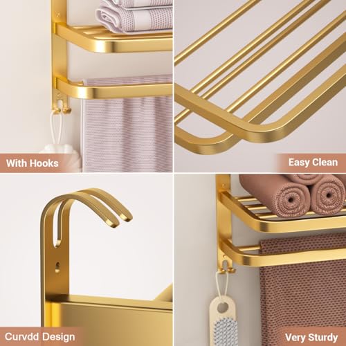 23 Inch 3-Tier Gold Towel Racks for Bathroom with Towel Bars Multilayer Hotel Towel Shelf Stainless Steel Wall-Mounted Brushed Finish Holder with Towel Shelves - color: Gold 3t
