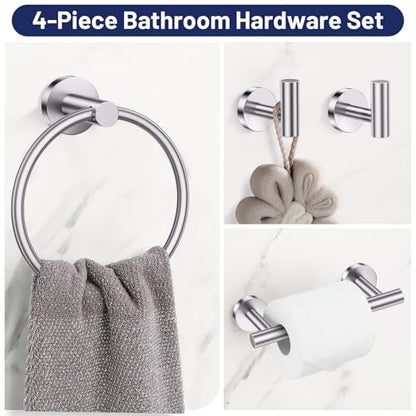 Brushed Nickel Bathroom Hardware Set, 4-Piece Towel Holder Set Include Double Bases Toilet Paper Holder,Towel Ring and 2 Towel Hooks Stainless Steel Wall Mounted Bathroom Hardware Accessories Set - color: Brushed Nickel, size: Set B