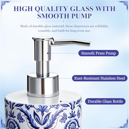 2 Pcs Chinoiserie Floral Soap Dispensers with Wooden Tray | Glass Soap Dispensers, Refillable, Decorative Pump Bottles, for Bathroom, Kitchen, Countertop Decor