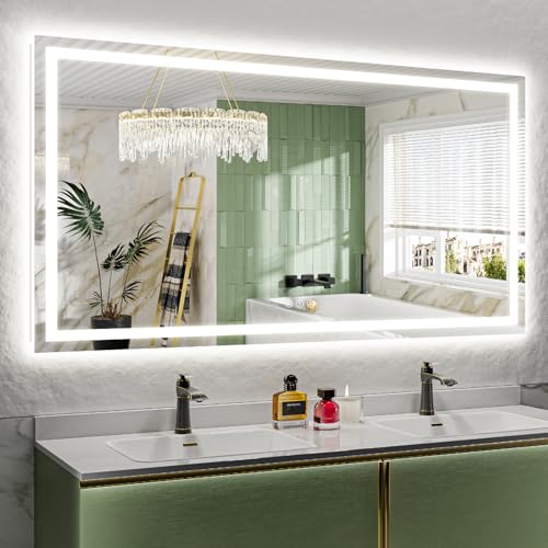 68x36 Inch LED Bathroom Mirror with Lights Front and Backlit Lighted Vanity Mirror for Bathroom Wall with 3 Colors Dimmable Anti-Fog Memory Shatter-Proof IP54 Waterproof Horizontal/Vertical - color: Backlit+front Lit, size: 68"L x 36"W
