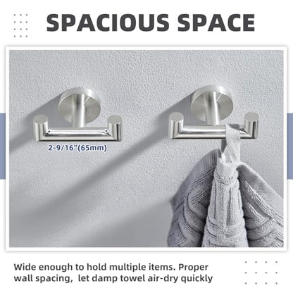 Brushed Nickel Bathroom Double Towel Hooks, 2 Pack, Wall Mounted | 304 Stainless Steel, Rust-resistant for Bathroom Shower Laundry Room, Heavy-duty 11 lbs Robe Hooks, Towels, Clothes Storage - color: Brushed Nickel