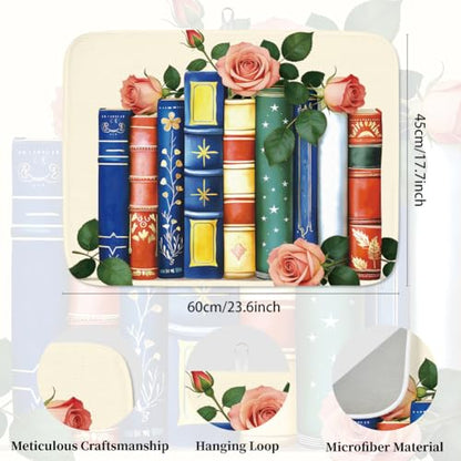 1Pc Vintage Book Dishes Drainer Mat 23.6x17.7 Inch/60x45cm Microfiber Polyester Cotton Dishes Drainer Mat Floral Print Absorbent Pad Coffee Machine Station Mat With Hanging Loop, Vintage - style: Book Flower