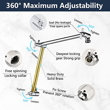 PDPBath Shower Extension Arm, 16" Upgrade Solid Brass Shower Head Shower Head Extender, Adjustable Height Extended with G1/2 Universal Connection for Rain & Handheld Shower Head - Chrome - color: Chrome, style: 8 Inch + 8 Inch