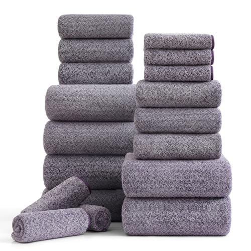 18 Piece Bath Towels Set,100% Microfiber Family Bathroom Towel with Hanging Loops-6 Bath Towels,6 Hand Towels,6 Washcloths,Quick Dry Highly Absorbent Shower Towel for Bathroom,Hotel,Spa-Dark Purple - color: Dark Purple, size: 18 Piece Towel Set