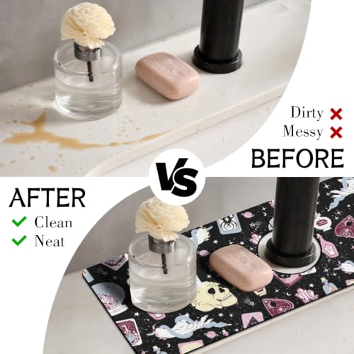 Halloween Kitchen Sink Splash Guard Faucet Mat,Black Witches Ghost Skulls Halloween Faucet Non-Slip Absorbent Mat,Farmhouse Sink Splash Guard Behind Faucet for Kitchen Bathroom,15"x5.5" - color: Drying Faucet Mat 11