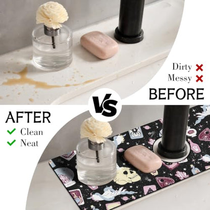 Halloween Kitchen Sink Splash Guard Faucet Mat,Black Witches Ghost Skulls Halloween Faucet Non-Slip Absorbent Mat,Farmhouse Sink Splash Guard Behind Faucet for Kitchen Bathroom,15"x5.5" - color: Drying Faucet Mat 11
