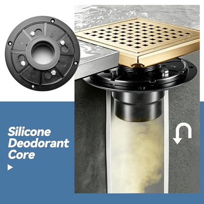 Square Shower Floor Drain, Matte Black Finish, Grid Pattern Strainer Cover (Gold, Grate) - color: Gold