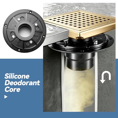 Square Shower Floor Drain, Matte Black Finish, Grid Pattern Strainer Cover (Gold, Grate) - color: Gold