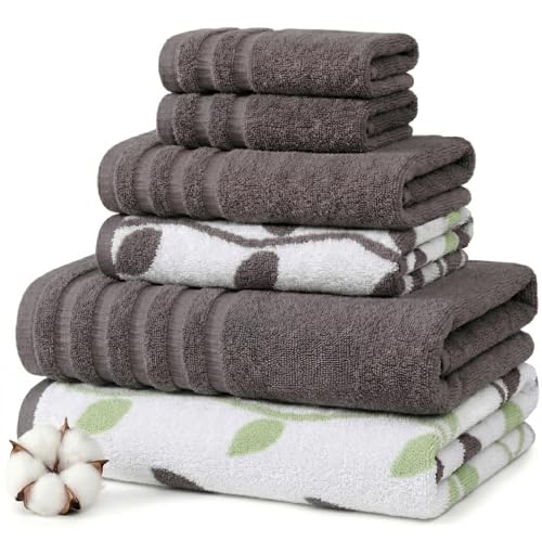 Modern Threads 6 Piece Bath Towel Set – Bathroom Set with 2 Bath Towels, 2 Hand Towels, and 2 Wash Cloths – 100% Cotton, Super Absorbent & Extra Soft – Reversible Natural Vine (Gray) - color: Gray