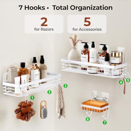 Orimade Adhesive Shower Caddy Soap Dish Holder Shelf with 5 Hooks Bathroom Organizer Basket Kitchen Storage Rack Wall Mounted No Drilling Stainless Steel - 3 Pack, White - color: White - 3 Pack