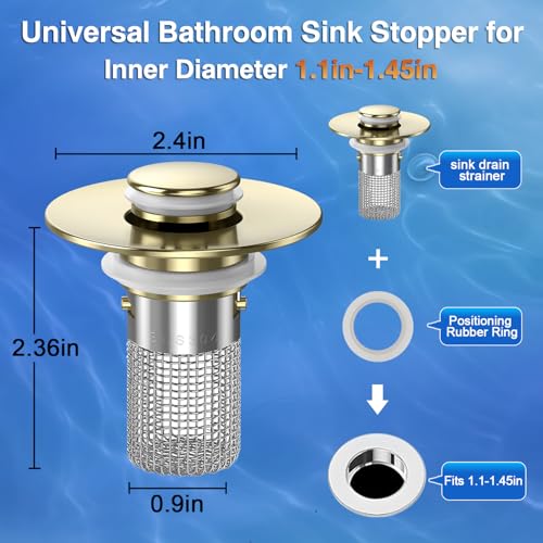 Bathroom Sink Drain Strainer,(4PCS) Pop-up Sink Drain Strainer with Removable Stainless Steel Strainer Basket Hair Catcher, Bathroom Sink Strainer for Bathroom Sink Stopper Replacement - color: 4, Brushed Gold
